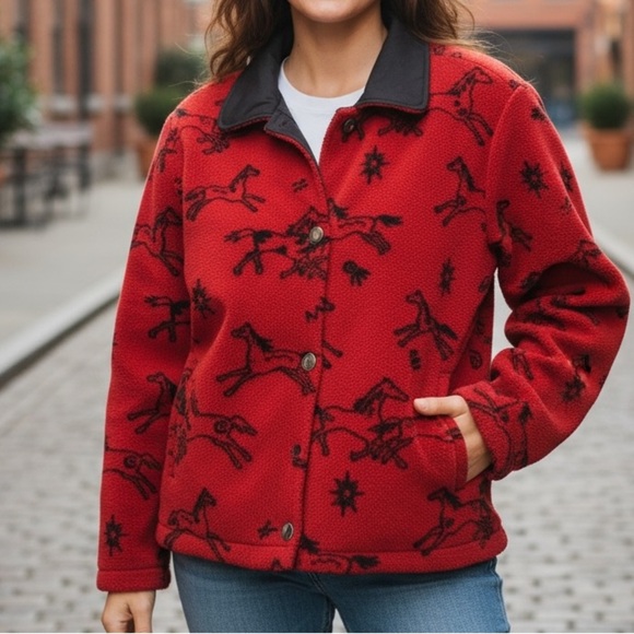 [XL]VTG Tsunami Red Fleece Jacket with Horse Pattern - Picture 1 of 11